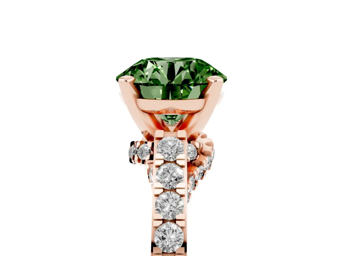 Fancy Green Round Cut Diamond Solitaire Ring with Crossover Gallery and Round Pavé Band Rose gold