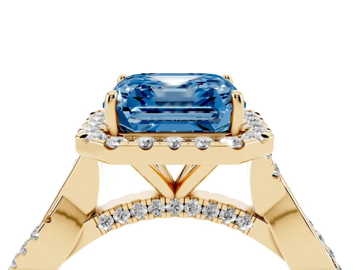 Fancy Blue Asscher Cut Halo Twist Band Solitaire Ring Yellow gold