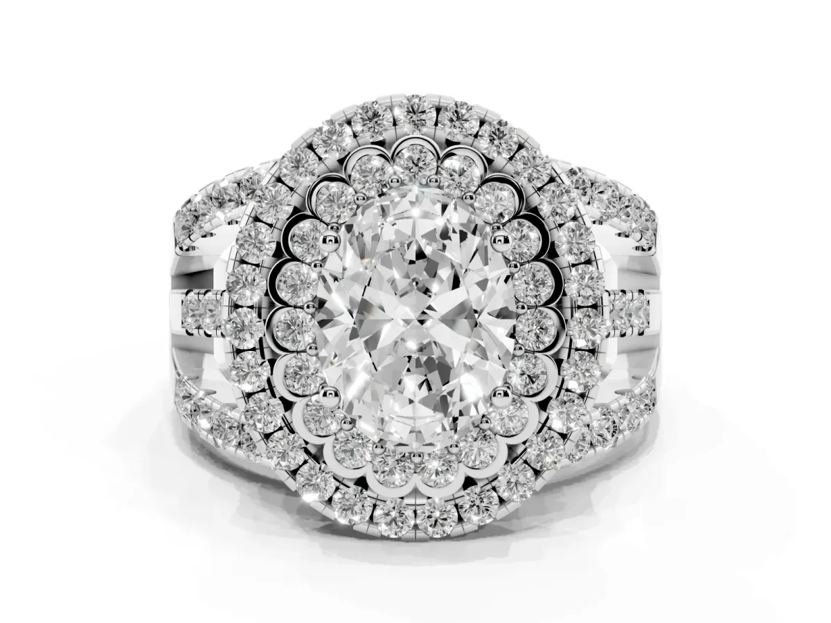 Oval Cut Diamond Double Halo Ring with Round Pavé Split Shank and Prong Setting Silver