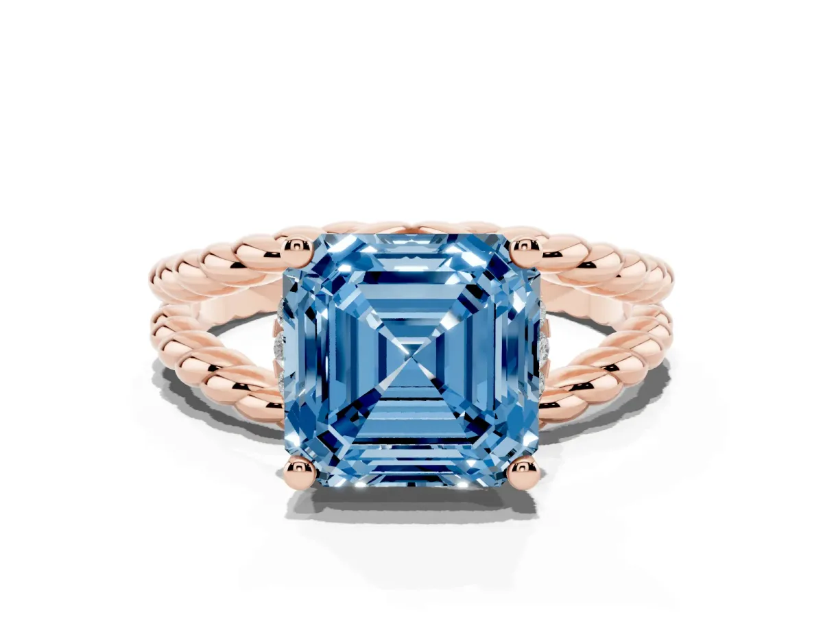 Fancy Blue Asscher Cut Halo Twisted Band Four-Prong Ring Rose gold