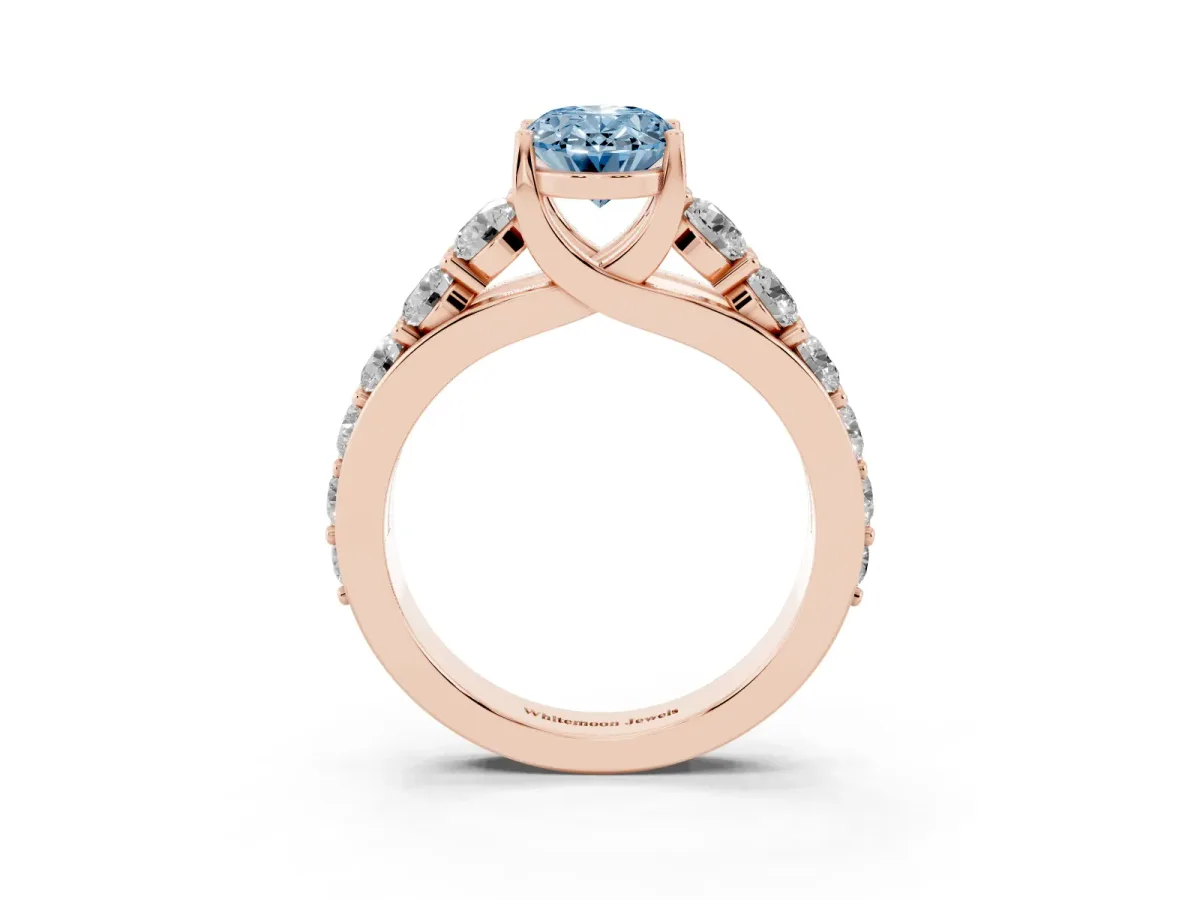 Fancy Blue Oval Cut Diamond Engagement Ring with Pavé Band and Four-Prong Setting Rose gold