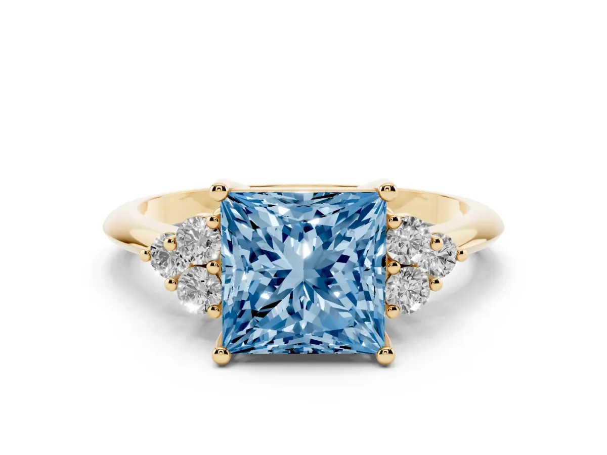 Fancy Blue Princess Cut Cut Diamond Cluster Ring with Solitaire Band and Four-Prong Setting Yellow gold