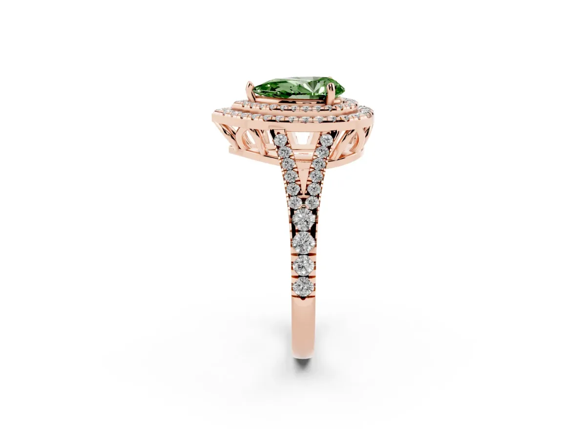 Fancy Green Pear Cut Diamond Double Halo Ring with Pavé Band and Prong Setting Rose gold