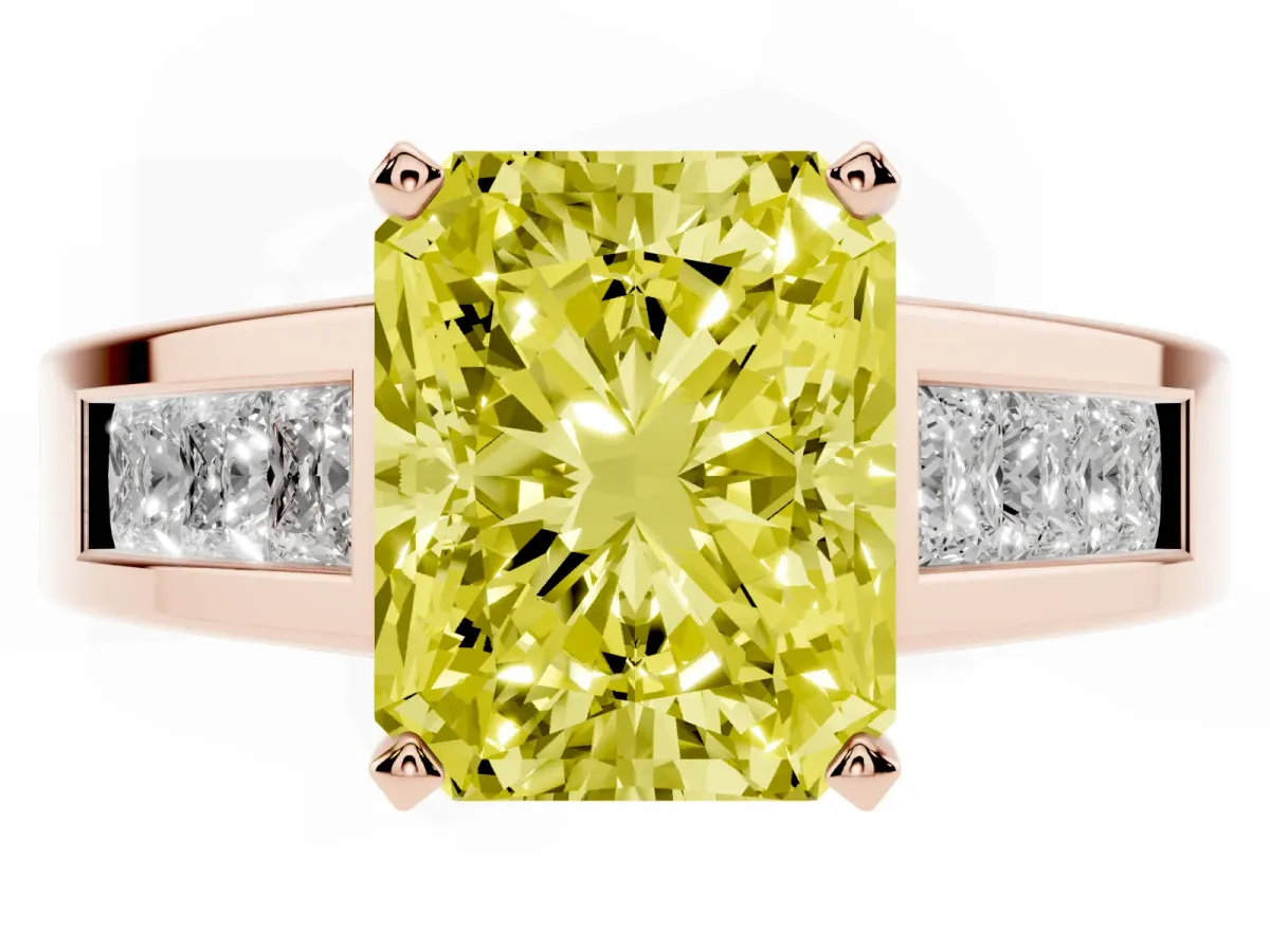 Fancy Yellow Radiant Cut Cut Channel Set Solitaire Ring with Four-Prong Setting Rose gold