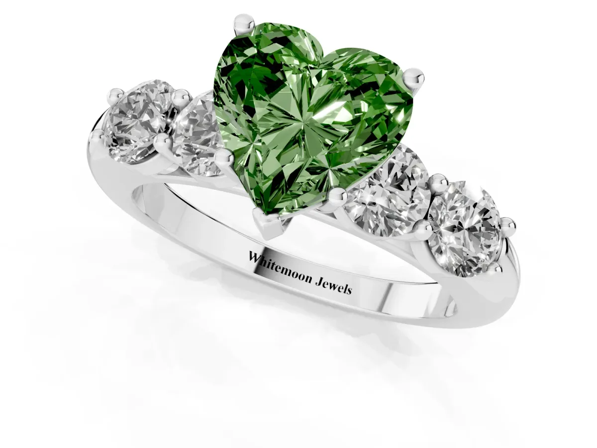 Fancy Green Heart Cut Cut Five-Stone Prong Set Diamond Ring with Classic Band Silver