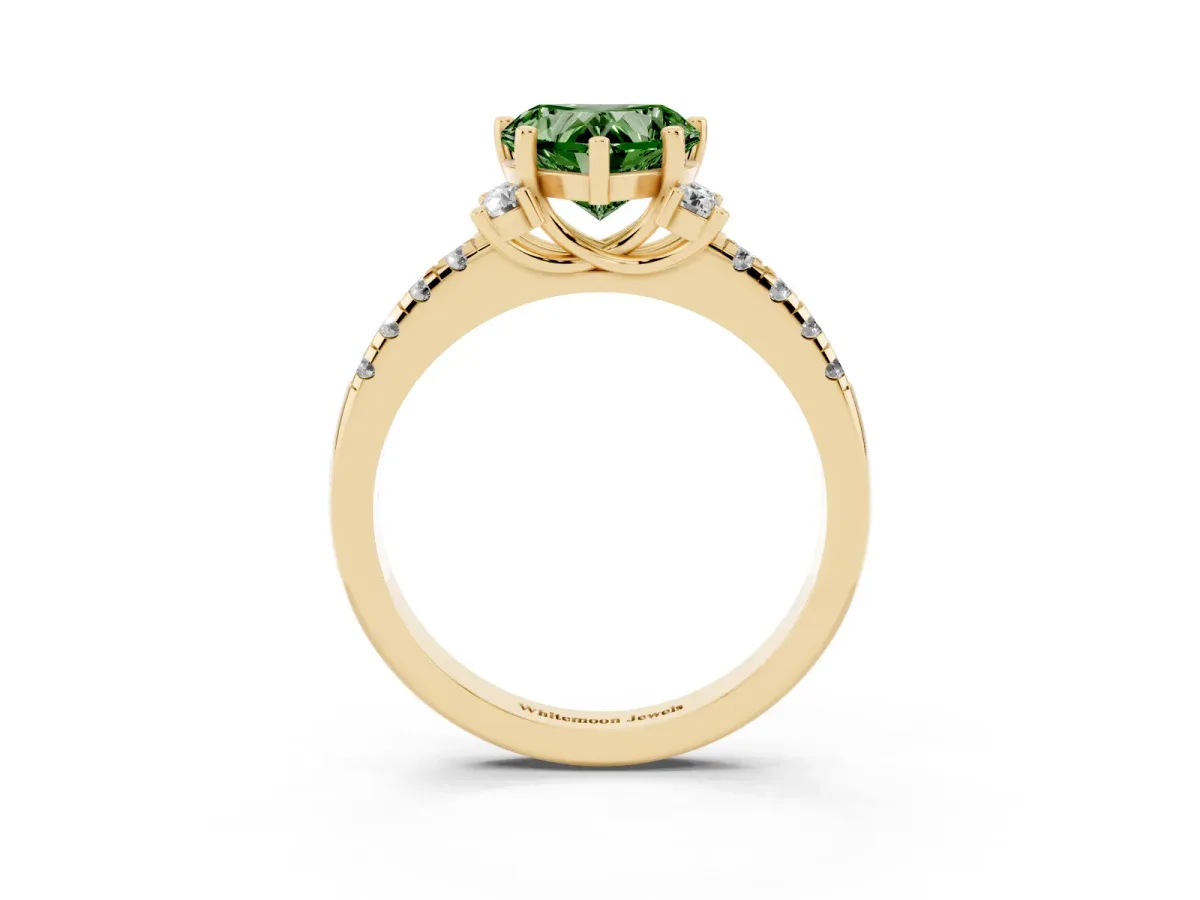 Fancy Green Heart Cut Diamond Three-Stone Pave Band with Four-Prong Setting Yellow gold