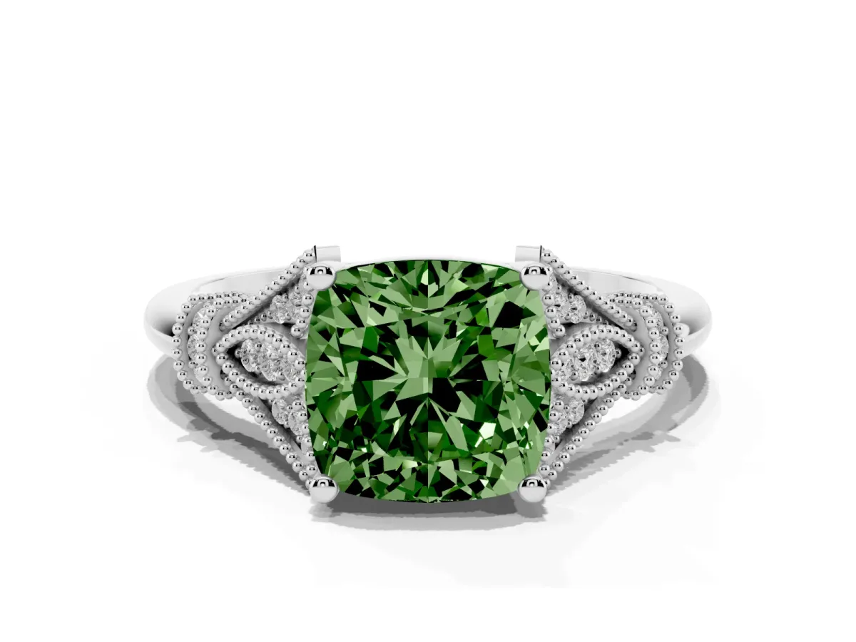 Fancy Green Cushion Cut Diamond Solitaire Ring with Floral Filigree and Pave Accents Silver