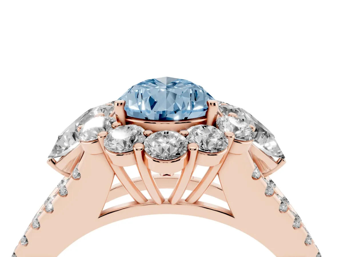 Fancy Blue Pear Cut Halo Split Shank Diamond Engagement Ring with Prong Setting Rose gold