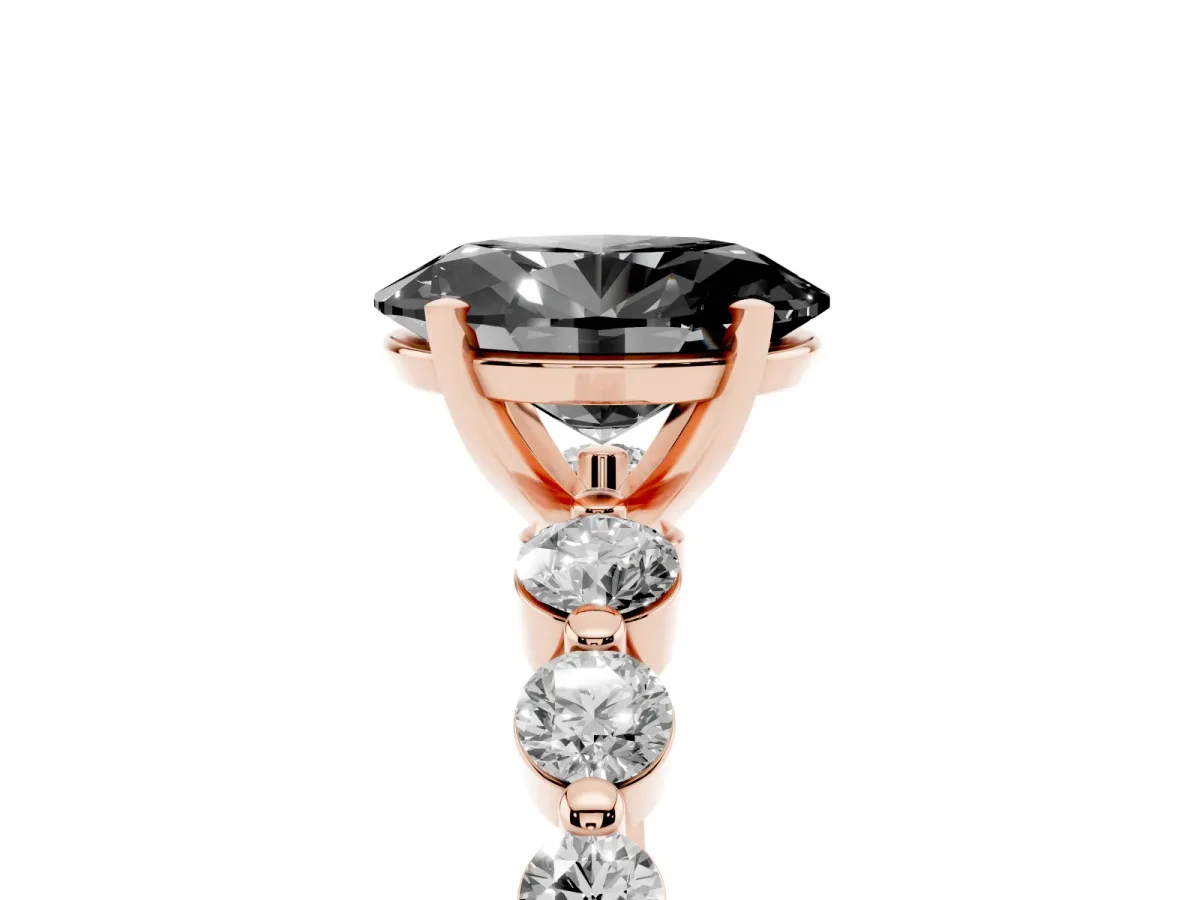 Fancy Black Oval Cut Solitaire Diamond Ring with Pave Band and Four-Prong Setting Rose gold