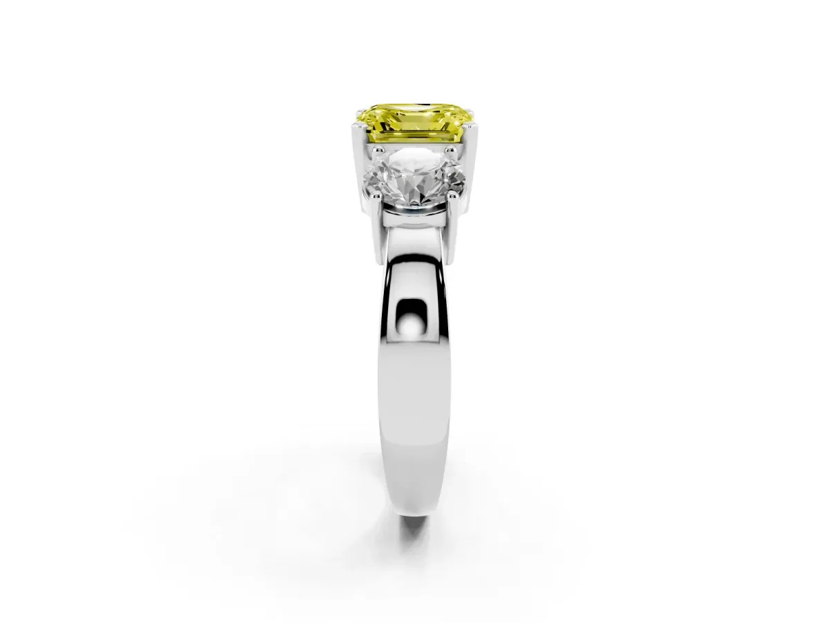 Fancy Yellow Three-Stone Asscher Cut Diamond Ring with Round Side Stones, Classic Band, and Four-Prong Setting White gold