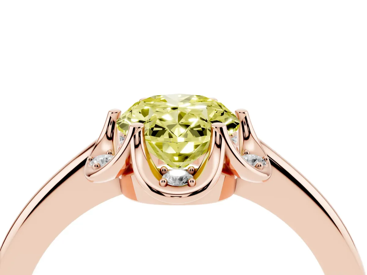 Fancy Yellow Oval Cut Halo Diamond Ring with Round Cluster Setting, Solitaire Band, and Four-Prong Setting Rose gold