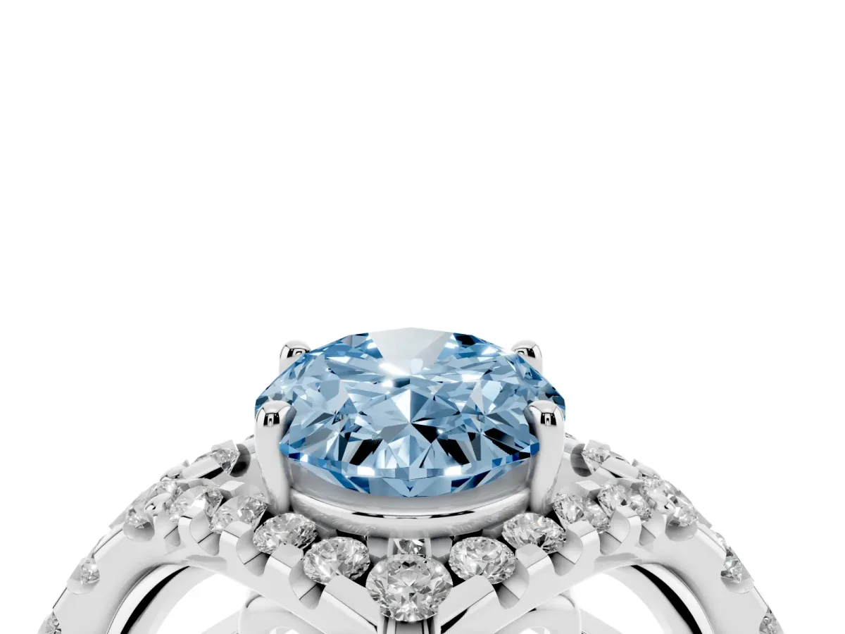 Fancy Blue Oval Cut Diamond Solitaire Ring with Hidden Halo and Pavé Band Platinum