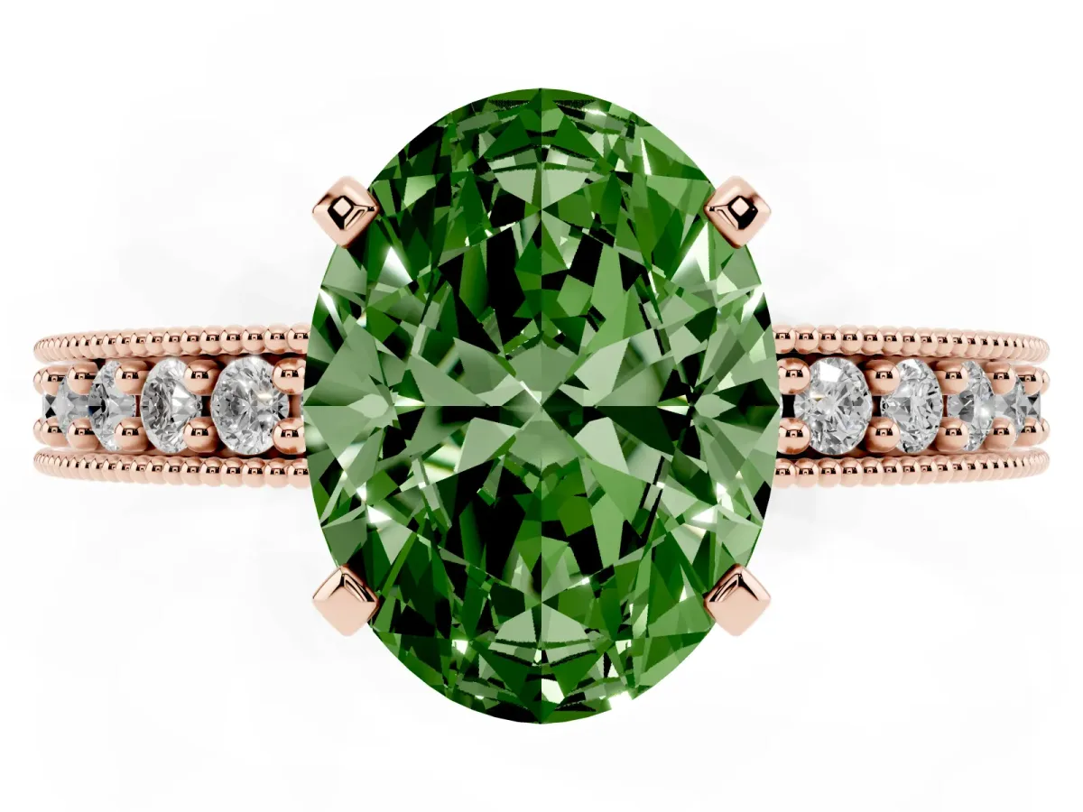 Fancy Green Oval Cut Diamond Milgrain Pavé Engagement Ring with Four-Prong Setting Rose gold