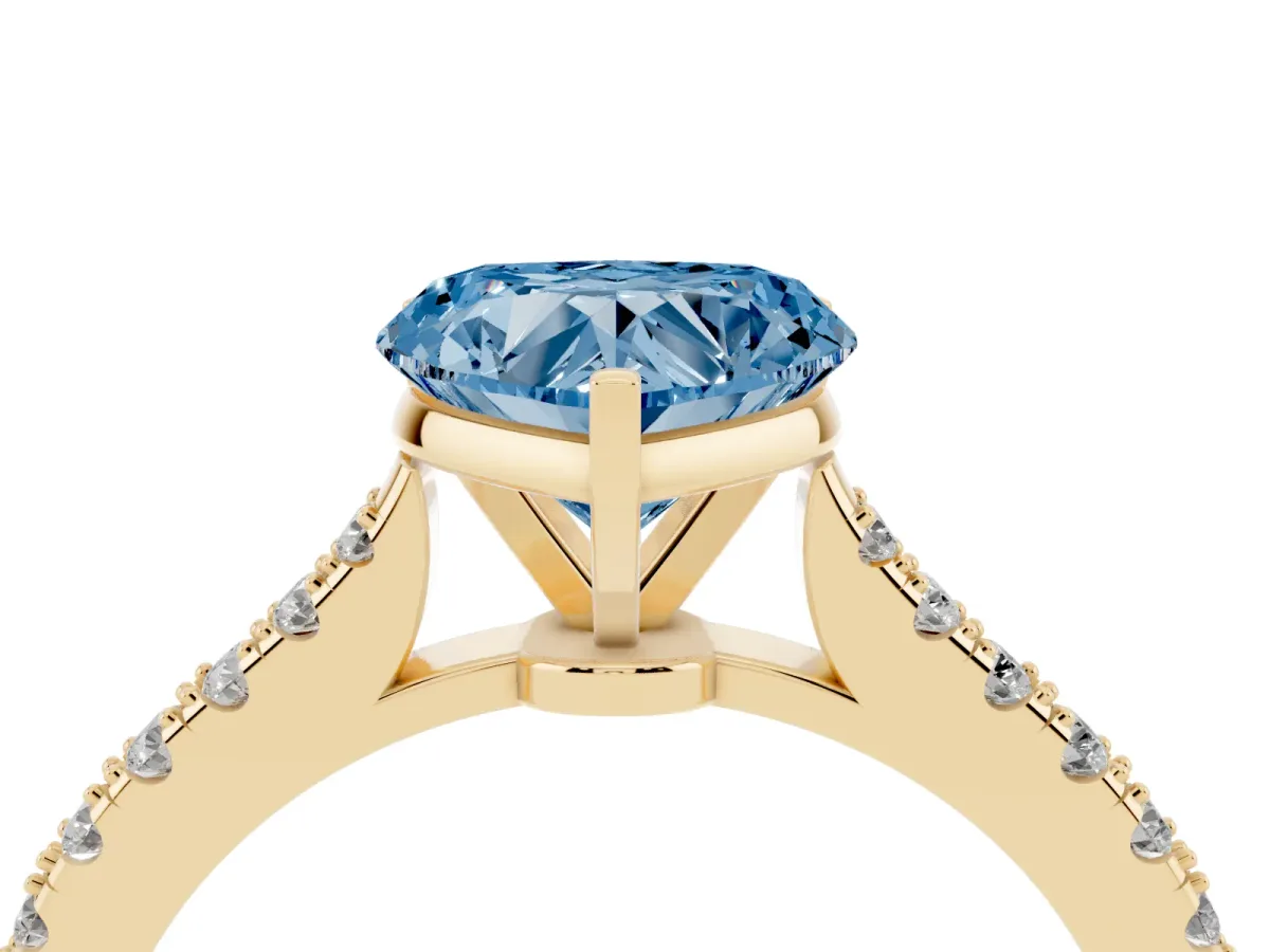 Fancy Blue Heart Cut Cut Solitaire Diamond Engagement Ring with Pave Band and Four-Prong Setting Yellow gold