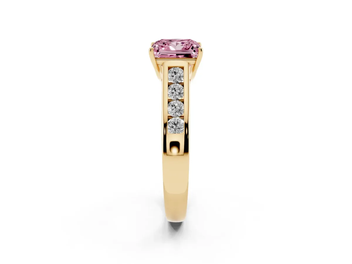 Fancy Pink Princess Cut Solitaire Channel-Set Diamond Engagement Ring with Four-Prong Setting Yellow gold