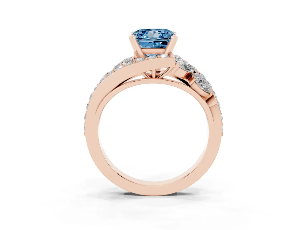 Fancy Blue Princess Cut Diamond Halo Ring with Marquise and Pavé Band in Prong Setting Rose gold