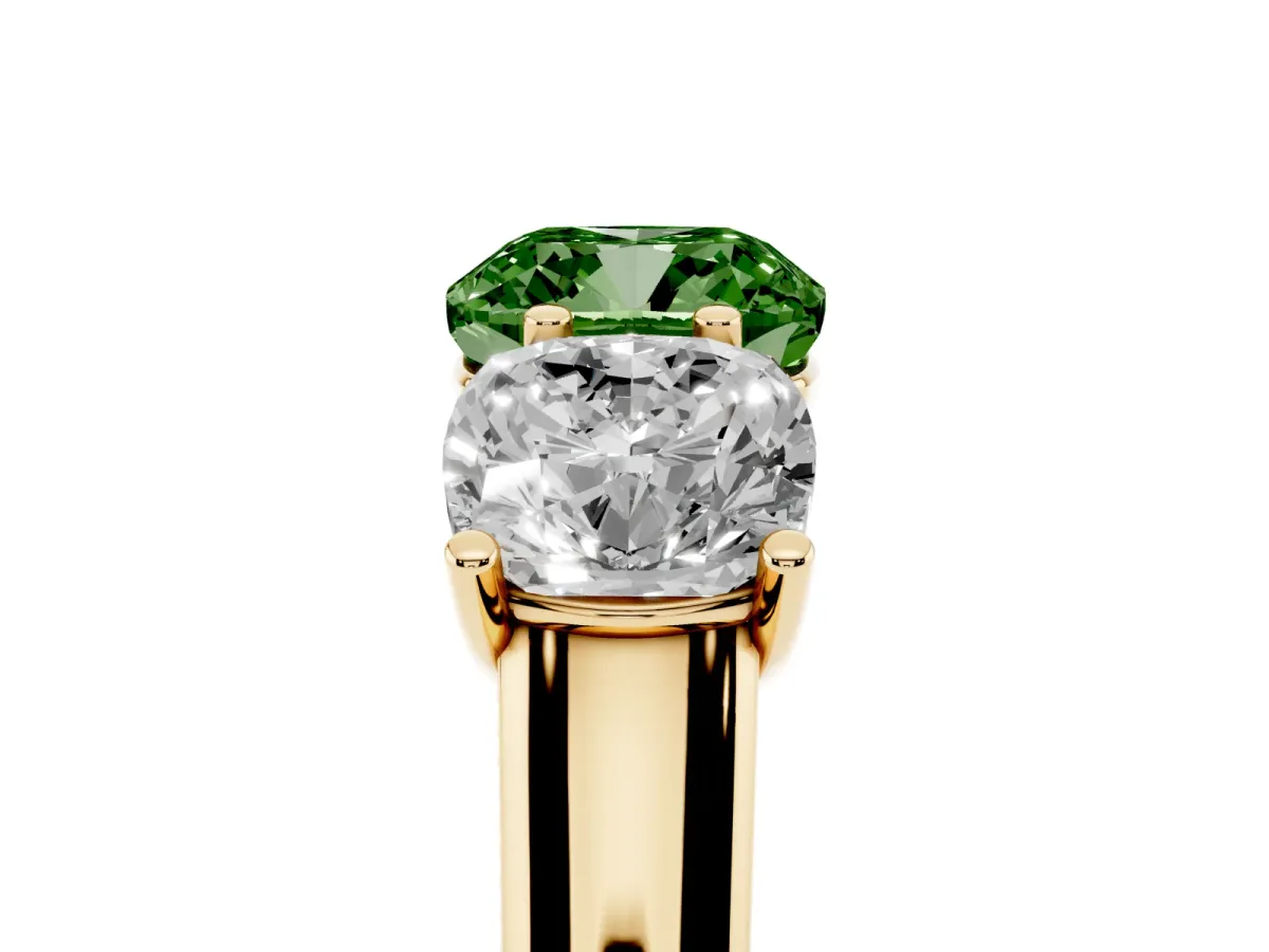 Fancy Green Cushion Cut Three-Stone Diamond Ring with Prong Setting on a Classic Band Yellow gold
