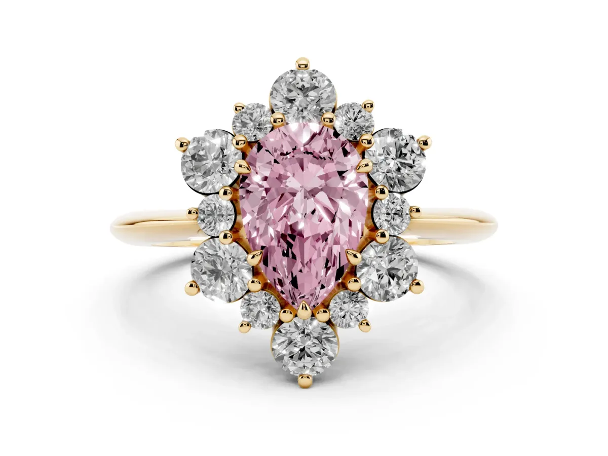 Fancy Pink Pear Cut Diamond Cluster Halo Ring with Solitaire Band and Four-Prong Setting Yellow gold