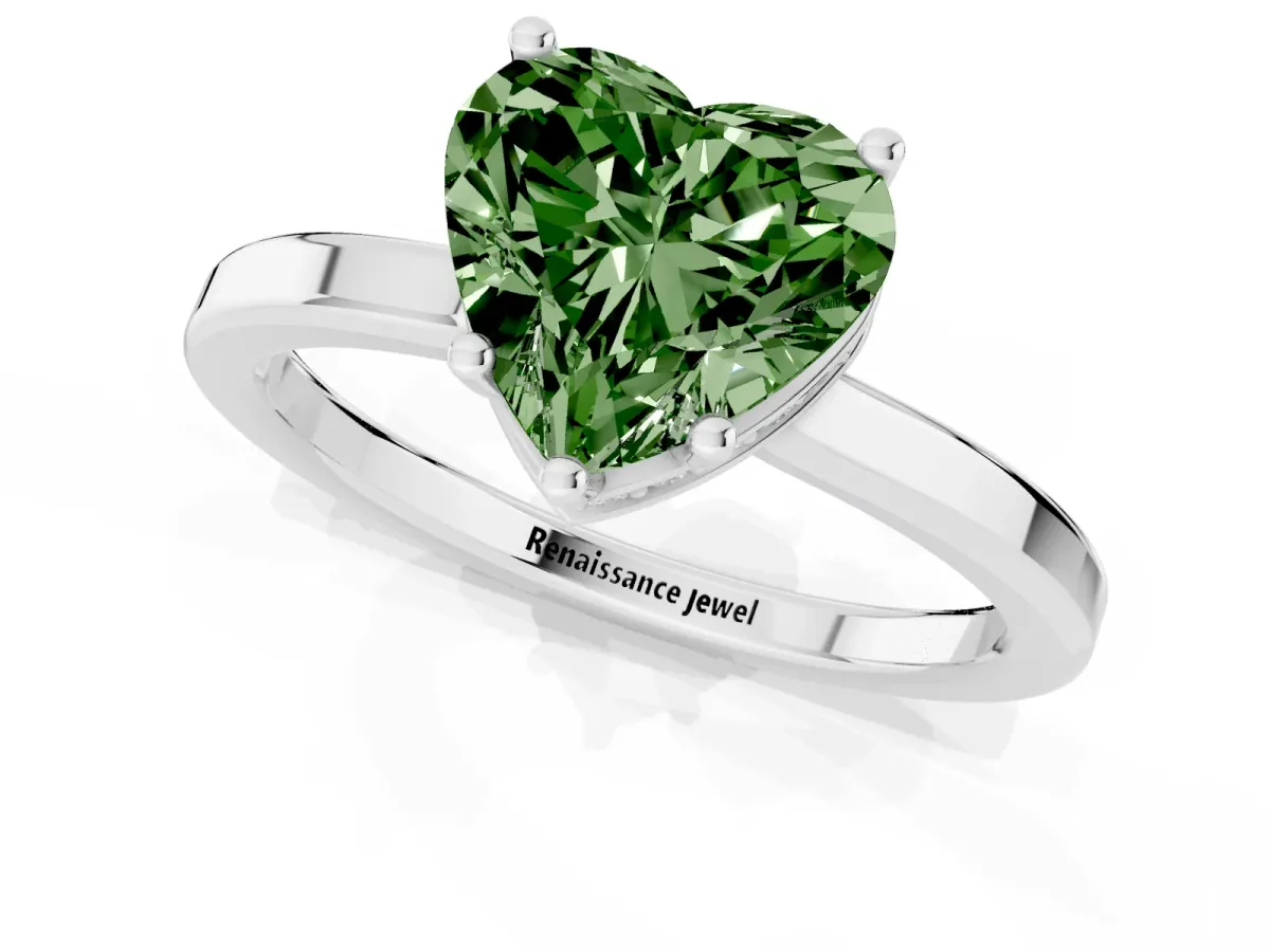 Fancy Green Heart Cut Cut Solitaire Engagement Ring with Four-Prong Setting on a Classic Band Silver