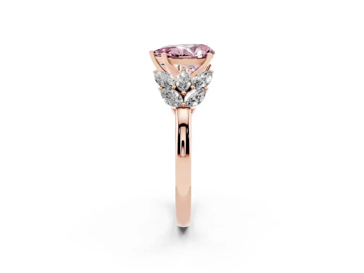 Fancy Pink Pear Cut Diamond Cluster Leaf Design Ring with Prong Setting Rose gold