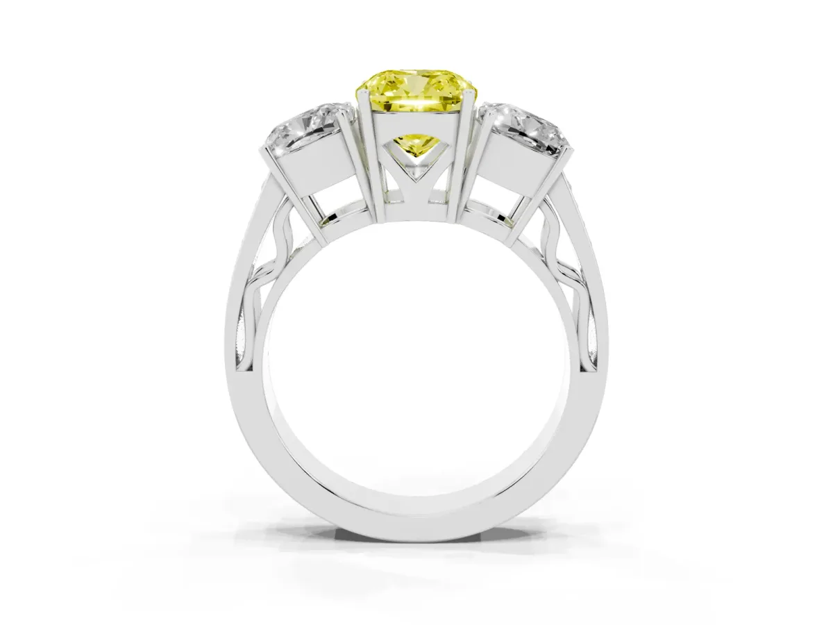Fancy Yellow Cushion Cut Diamond Three-Stone Ring with Prong Setting and Textured Band Silver