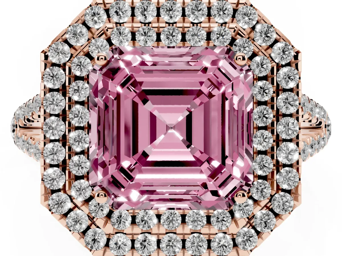 Fancy Pink Asscher Cut Diamond Double Halo Ring with Pavé Band and Prong Setting Rose gold