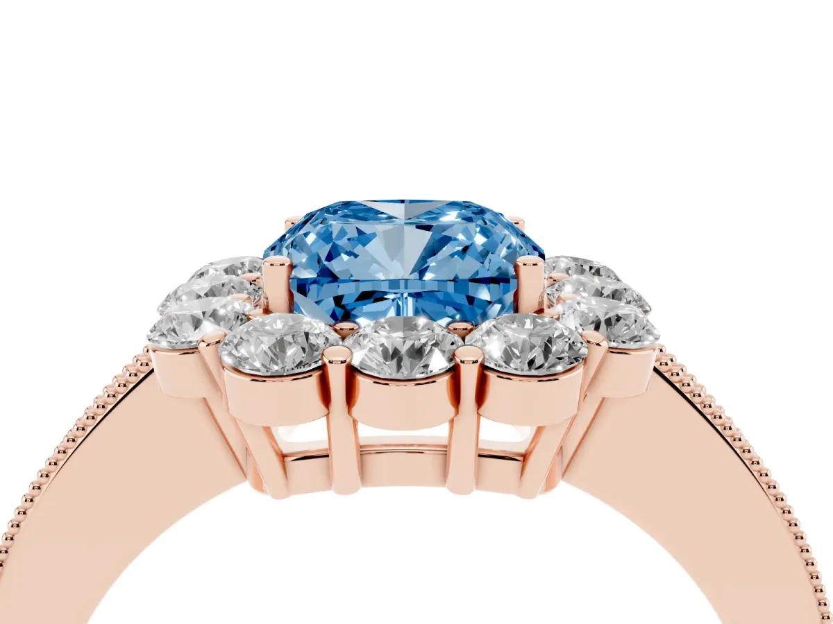 Fancy Blue Cushion Cut Cut Halo Diamond Pavé Engagement Ring with Milgrain Detailing Rose gold