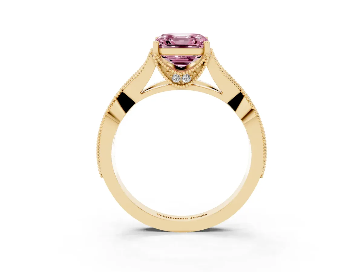 Fancy Pink Asscher Cut Cut Diamond Twisted Band with Milgrain Pave Setting and Four-Prong Setting Yellow gold