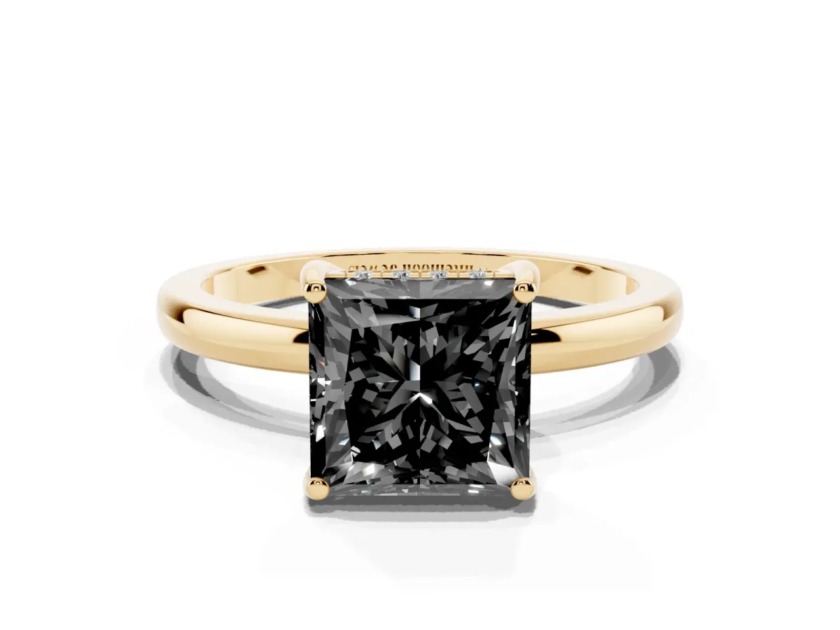 Fancy Black Princess Cut Solitaire Diamond Ring with Prong Setting and Plain Band Yellow gold
