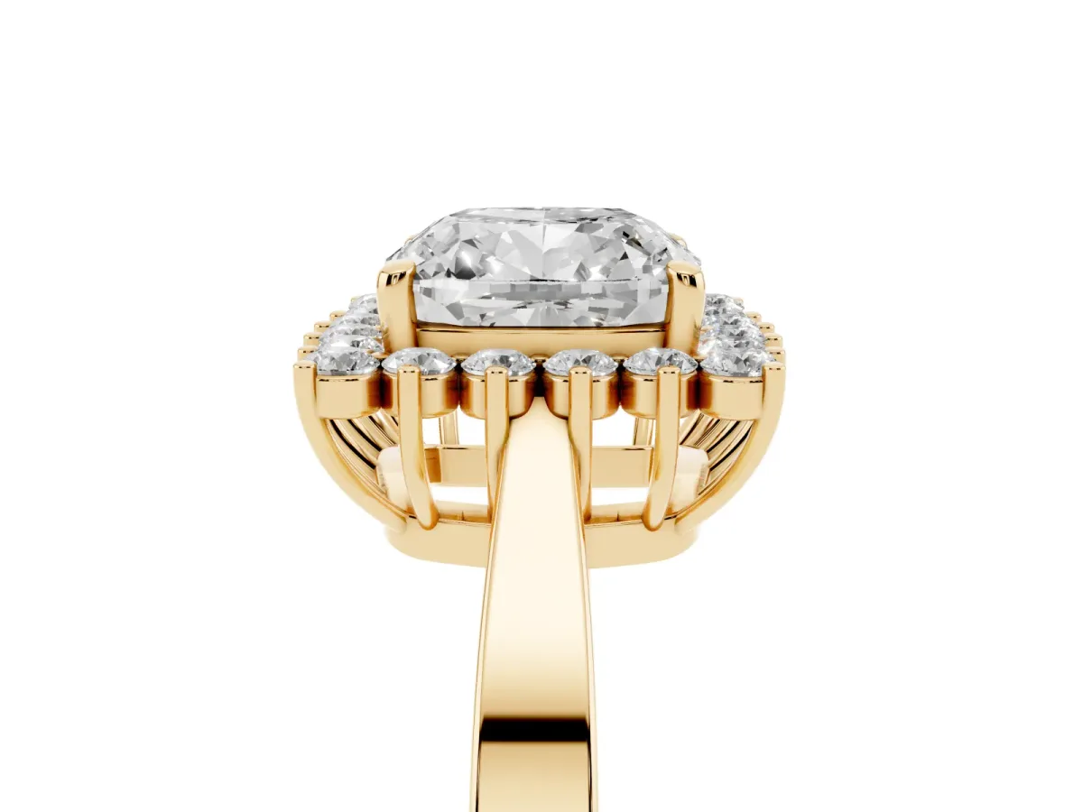 Cushion Cut Cut Diamond Halo Ring with Round Brilliant Halo and Solitaire Band Yellow gold