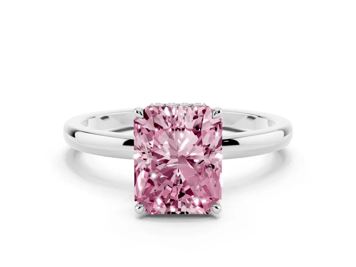 Fancy Pink Radiant Cut Solitaire Engagement Ring with Cathedral Band and Four-Prong Setting White gold