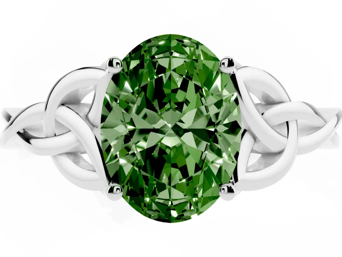 Fancy Green Oval Cut Diamond Solitaire Engagement Ring with Celtic Knot Band and Four-Prong Setting Platinum