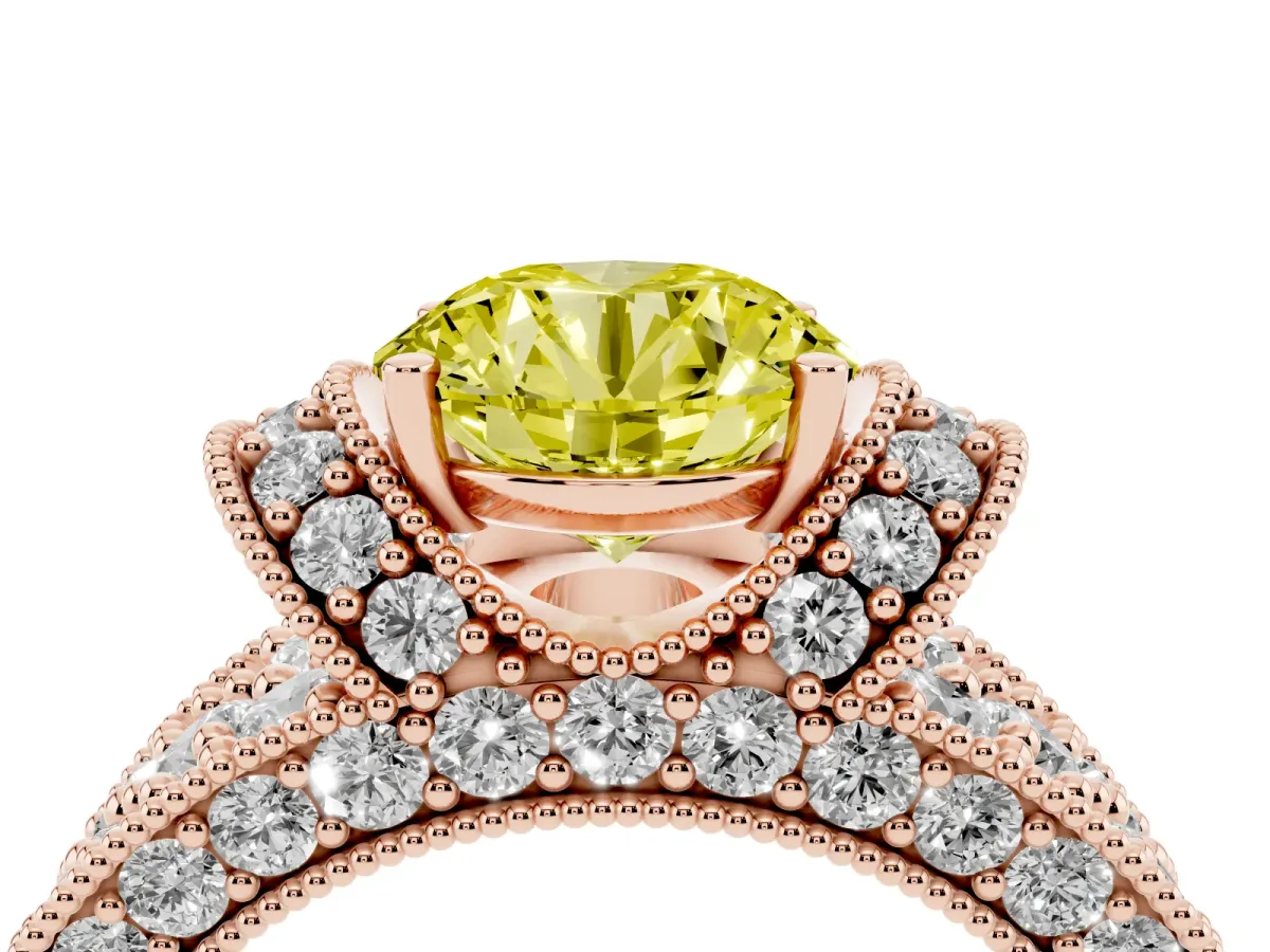 Fancy Yellow Round Cut Halo Pave Diamond Engagement Ring with Milgrain Detailing Rose gold
