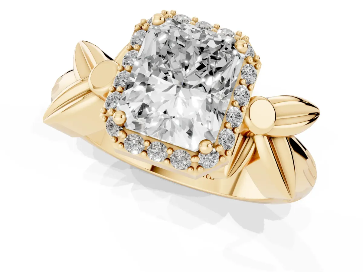 Radiant Cut Halo Diamond Floral Band with Four-Prong Setting Yellow gold