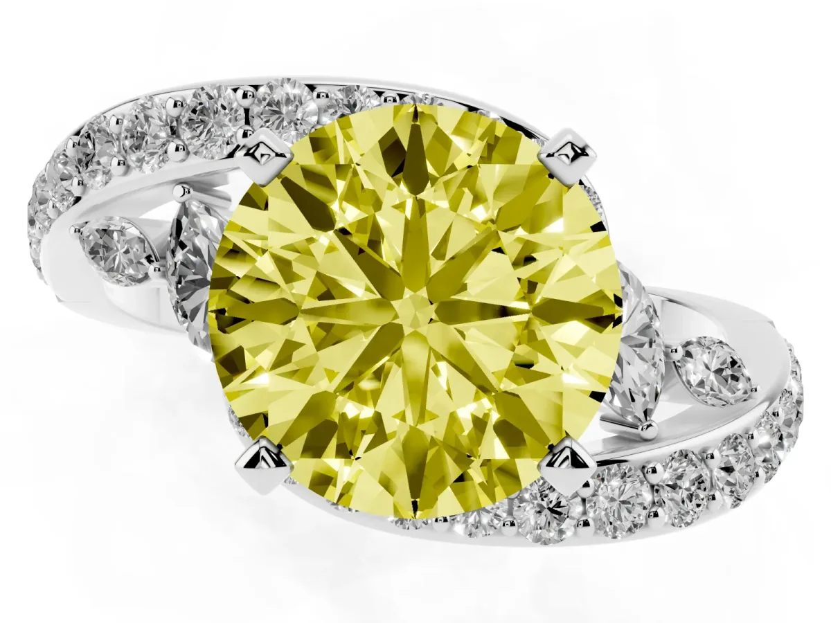 Fancy Yellow Round Cut Solitaire with Pavé Twist Band and Four-Prong Setting Silver