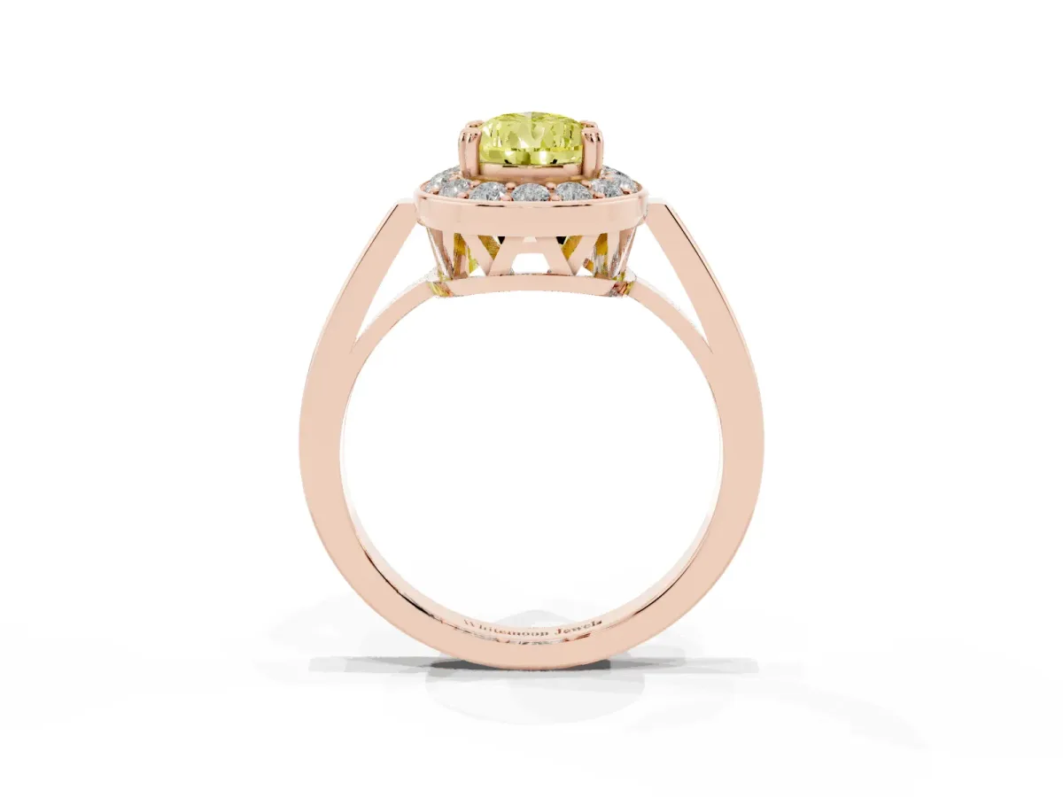Fancy Yellow Pear Cut Diamond Halo Ring with Split Shank and Four-Prong Setting Rose gold