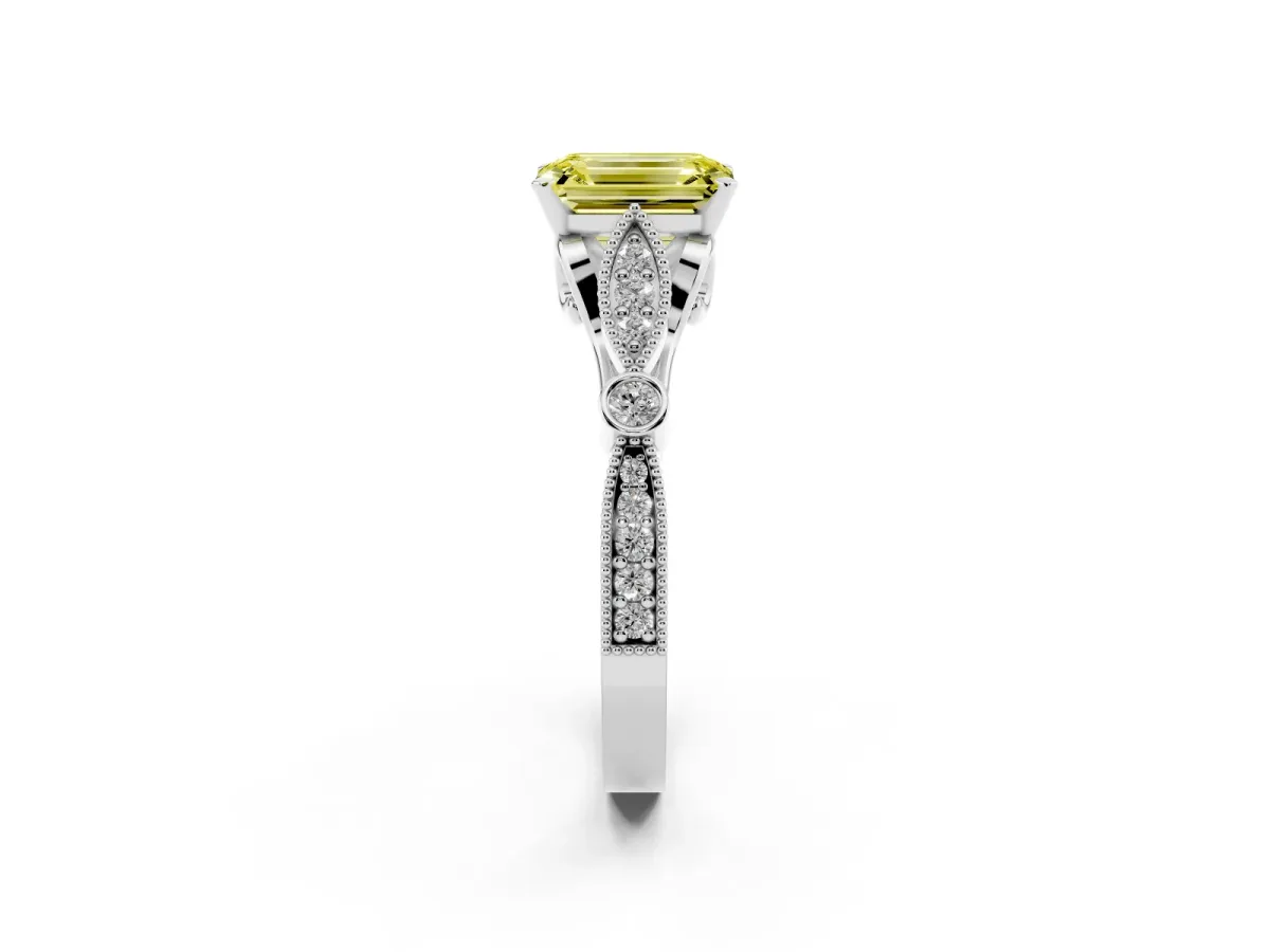 Fancy Yellow Emerald Cut Cut Diamond with Milgrain Marquise and Bezel Accents on a Solitaire Band with Prong Setting Platinum