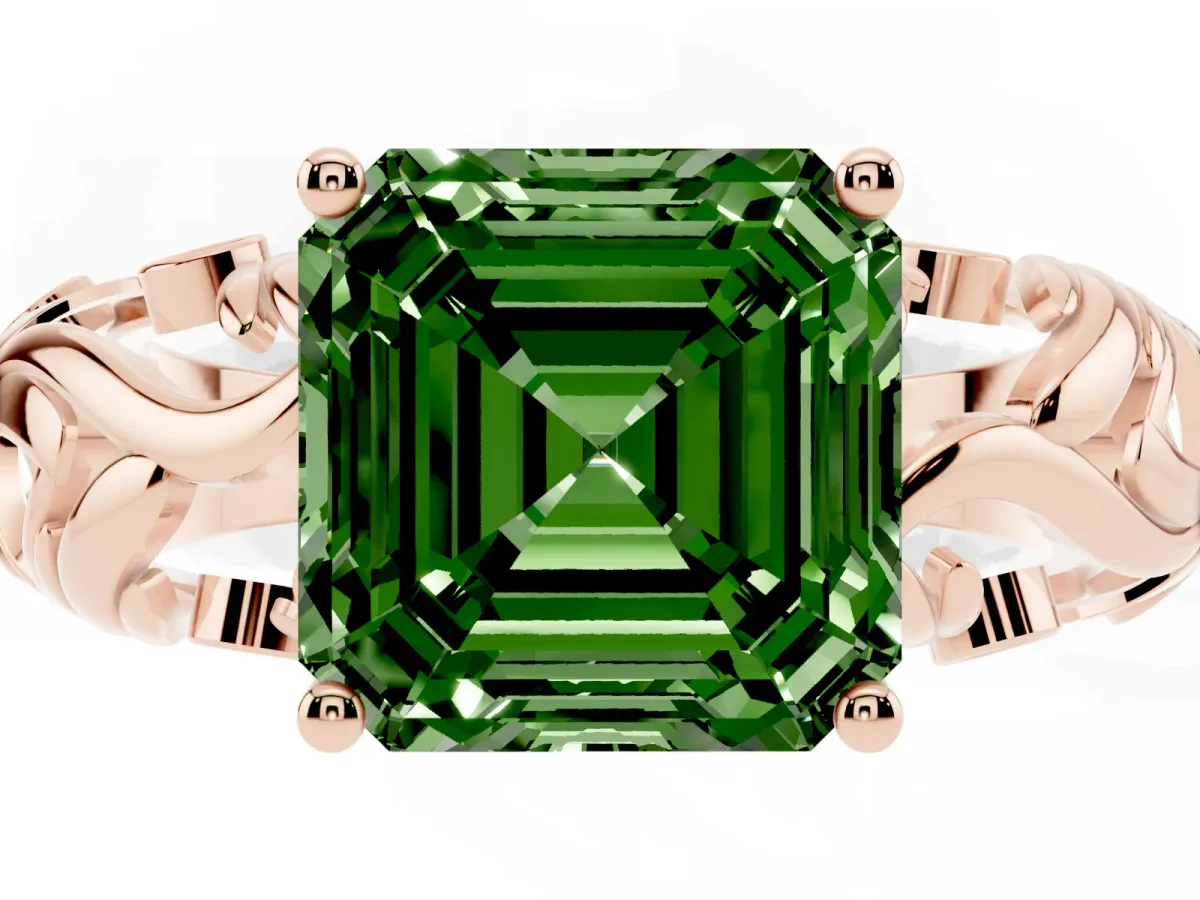 Fancy Green Asscher Cut Solitaire Diamond Leaf-Inspired Vine Band Ring with Prong Setting Rose gold