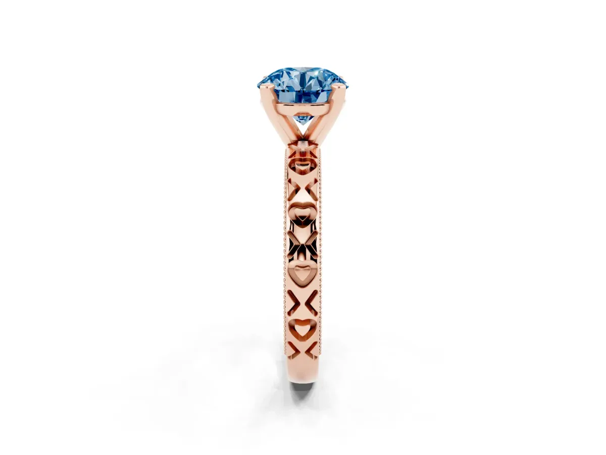 Fancy Blue Round Cut Solitaire Diamond Engagement Ring with XO Engraved Band and Four-Prong Setting Rose gold