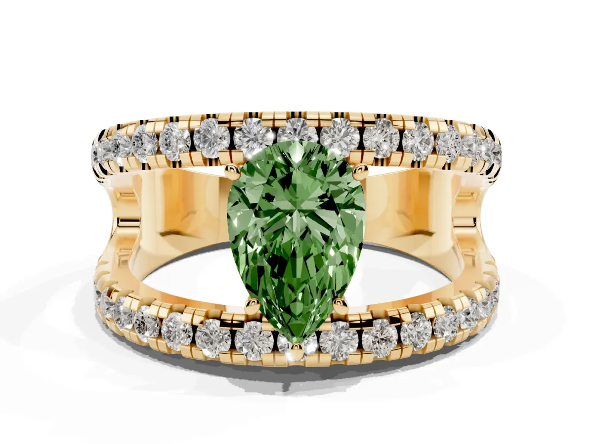 Fancy Green Pear Cut Solitaire Split Shank Pave Diamond Ring Yellow gold