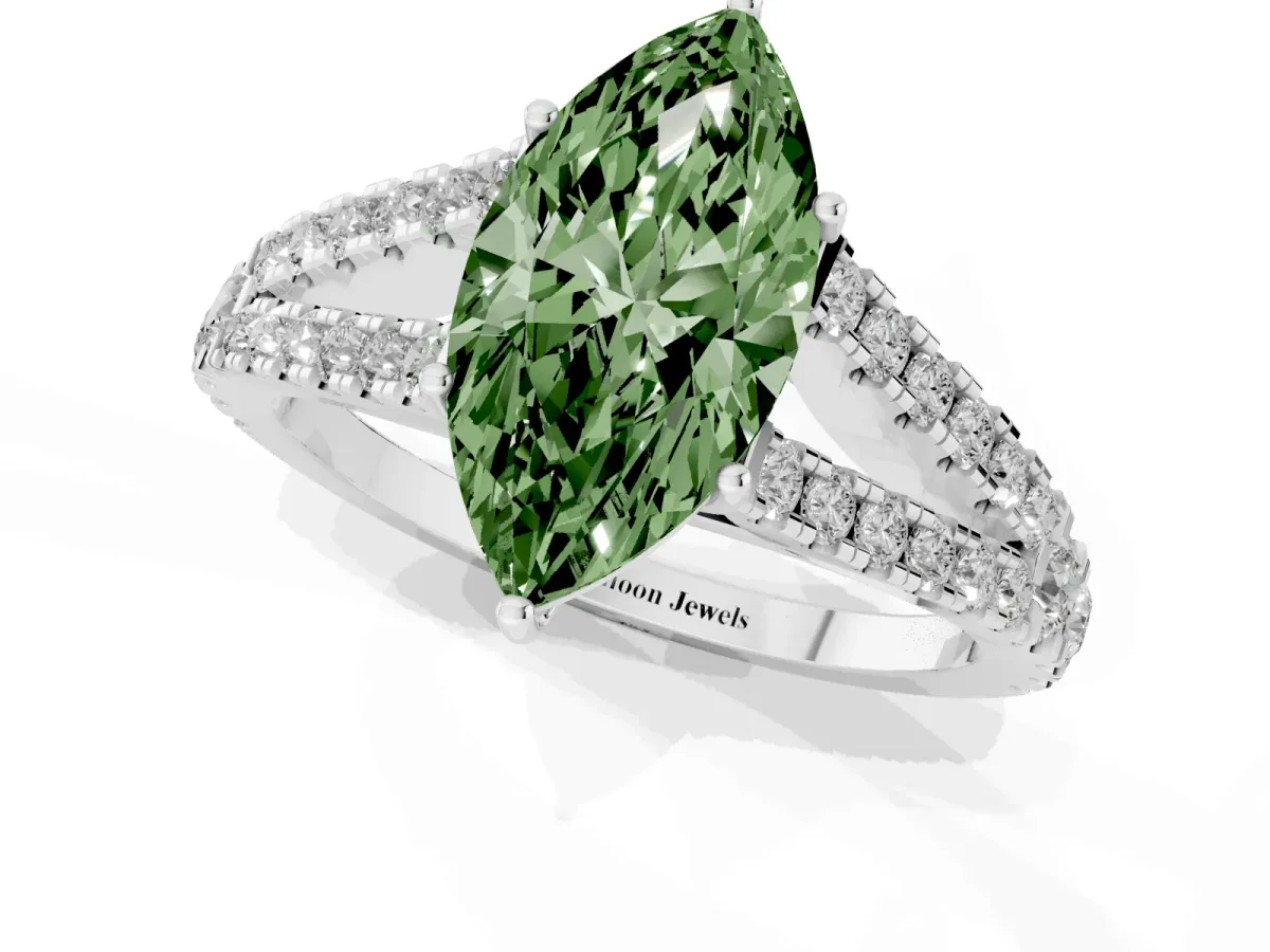Fancy Green Marquise Cut Diamond Split Shank Engagement Ring with Round Pavé and Prong Setting Silver