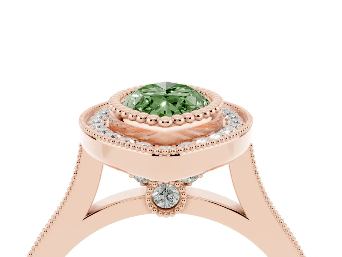 Fancy Green Marquise Cut Diamond Halo Ring with Milgrain Frame and Pavé Band Rose gold