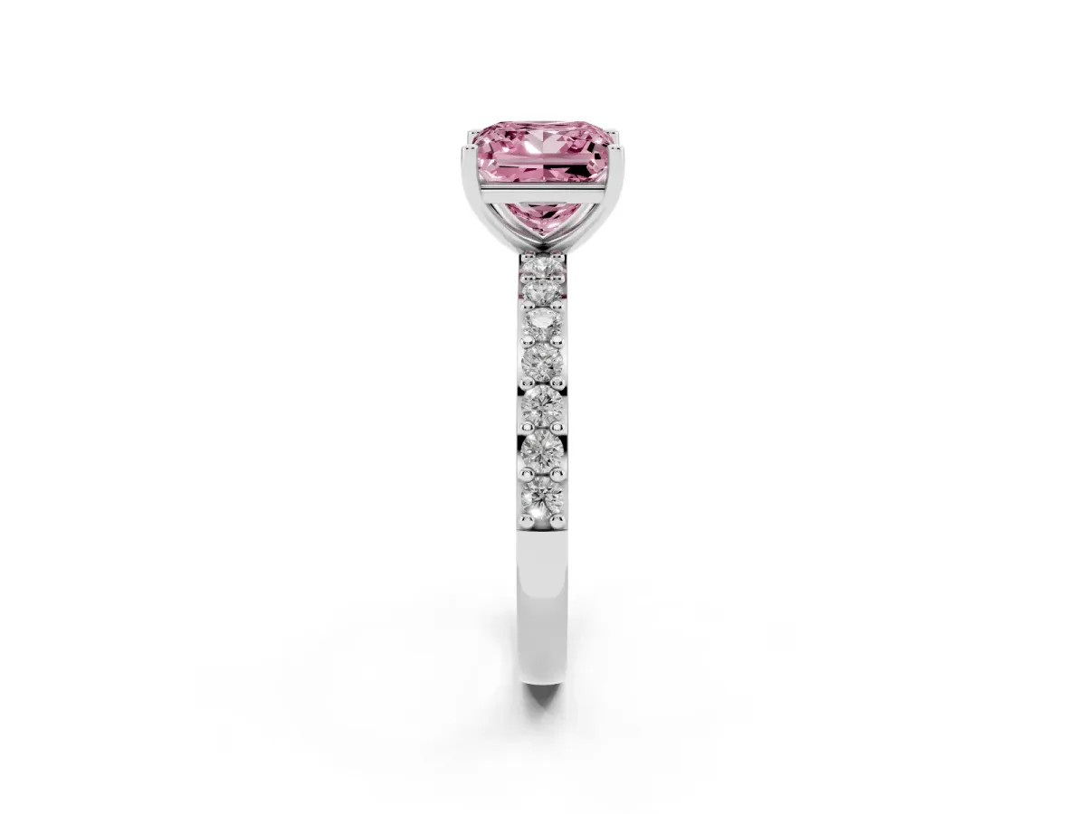 Fancy Pink Princess Cut Cut Diamond Solitaire with Pave Band and Four-Prong Setting Silver