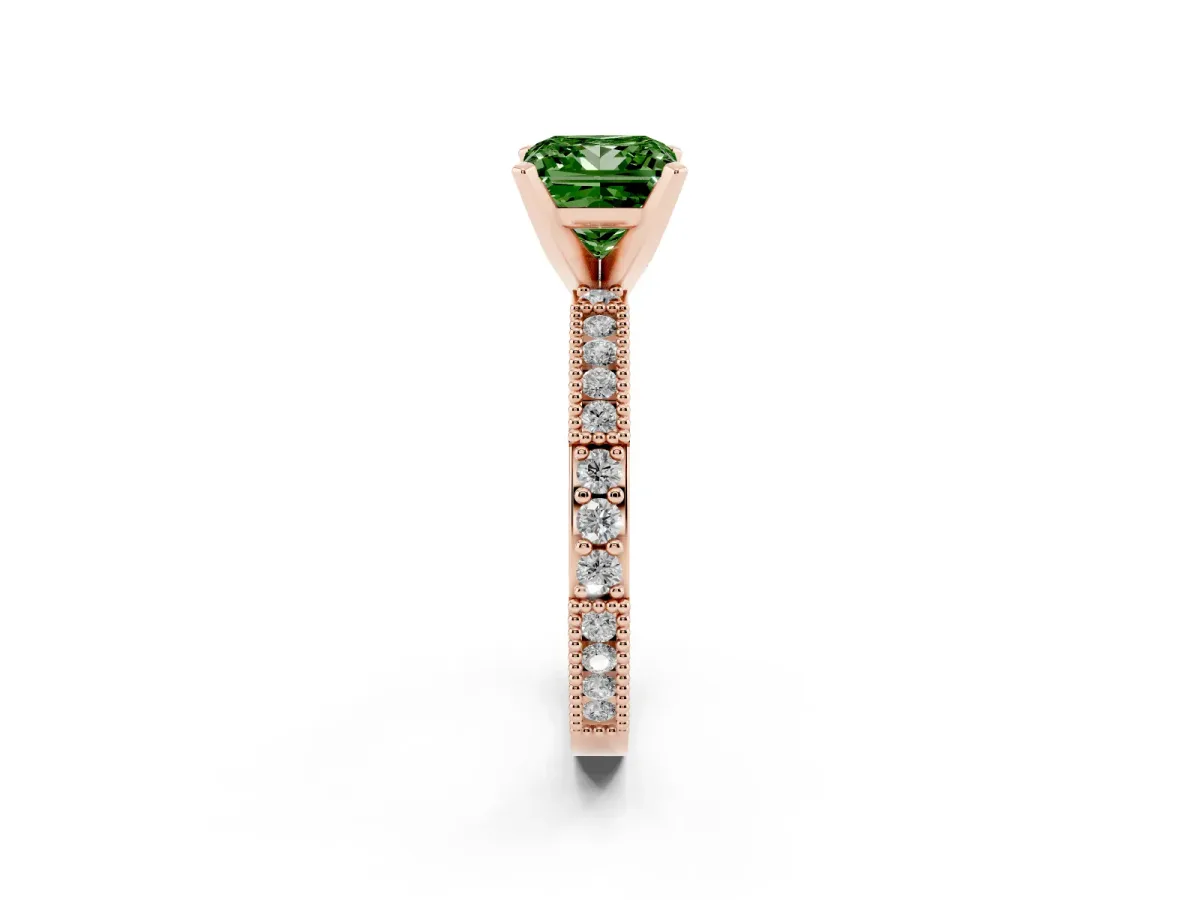 Fancy Green Princess Cut Solitaire with Pavé Band and Four-Prong Setting Rose gold