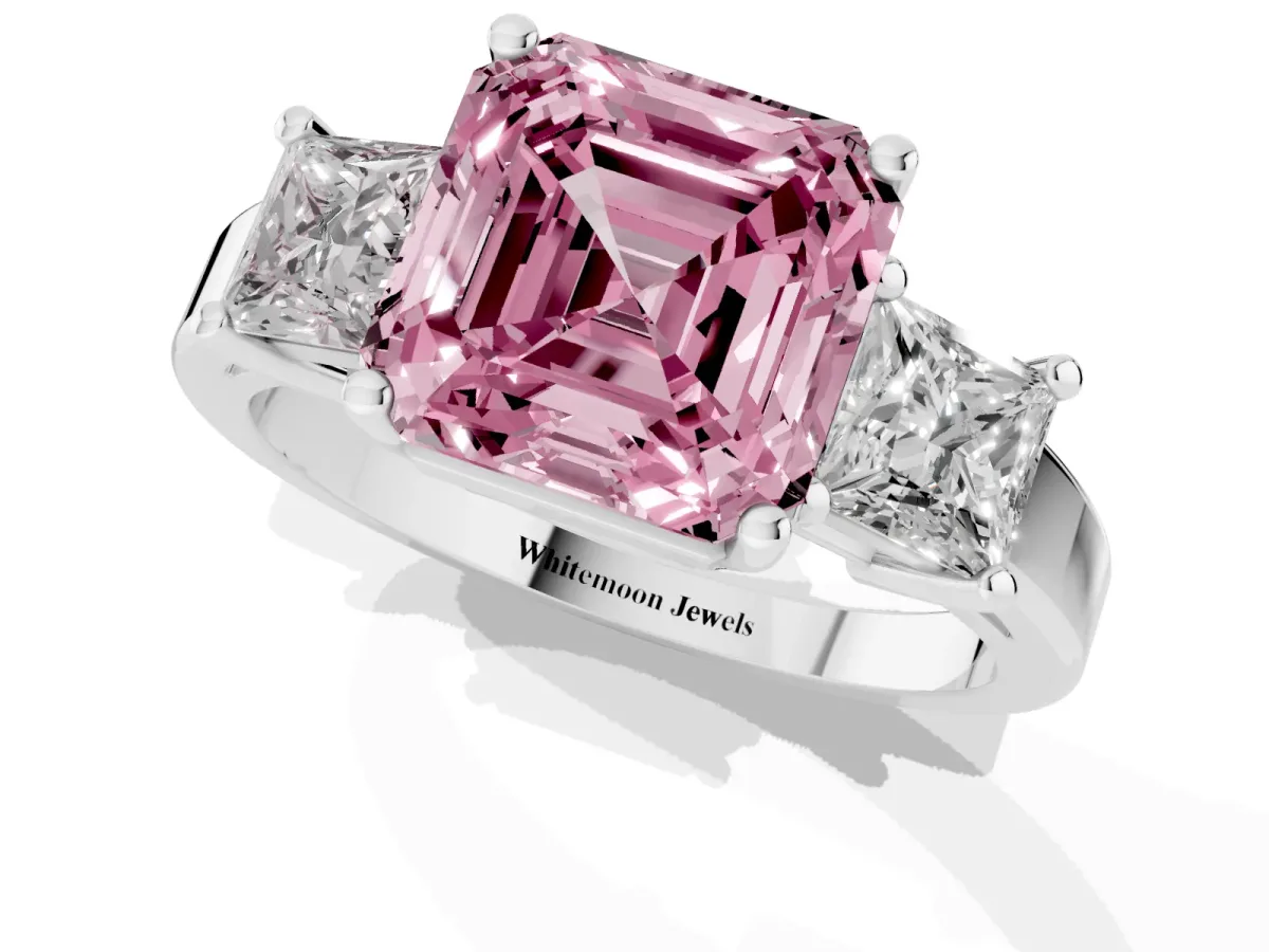 Fancy Pink Three-Stone Asscher Cut Cut Solitaire Ring with Prong Setting Silver