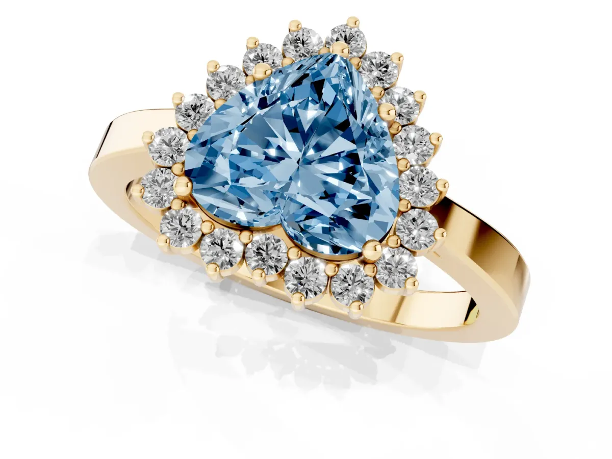 Fancy Blue Heart Cut Cut Diamond Halo Ring with Round Brilliant Halo and Solitaire Band Yellow gold