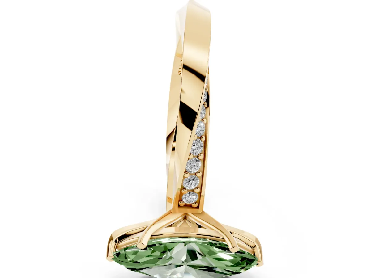 Fancy Green Marquise Cut Diamond Engagement Ring with Side Stone Accents and Four-Prong Setting Yellow gold