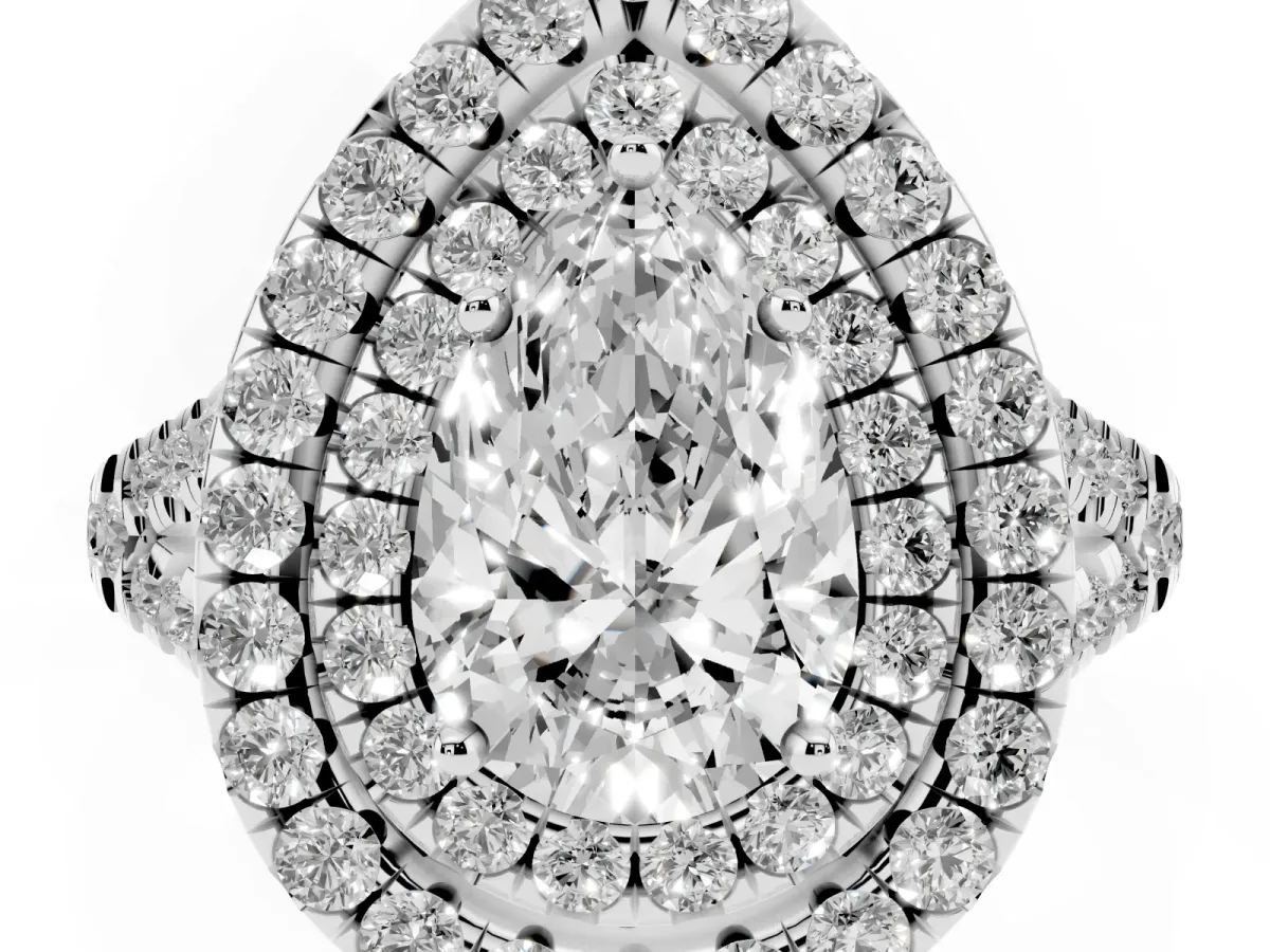 Double Halo Pear Cut Diamond Pavé Split Shank Ring with Prong Setting Silver