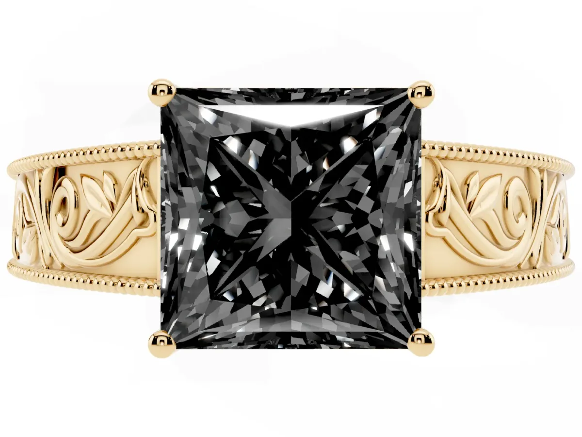 Fancy Black Princess Cut Diamond Solitaire Ring with Engraved Band and Four-Prong Setting Yellow gold