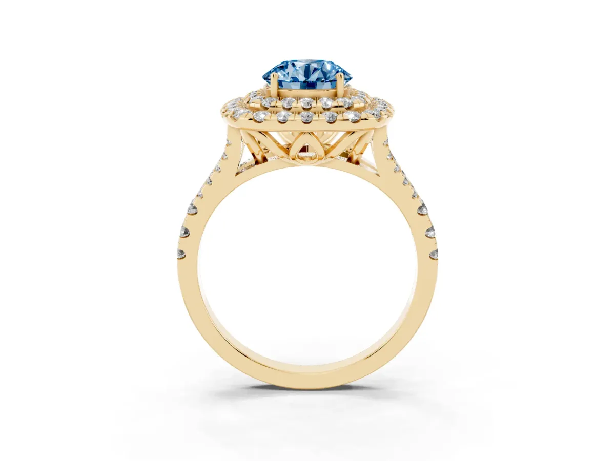 Fancy Blue Double Halo Round Cut Diamond Pavé Split Shank Ring with Prong Setting Yellow gold